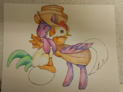 Size: 1152x864 | Tagged: safe, artist:shotsyshotsy, derpibooru import, scootaloo, twilight sparkle, twilight sparkle (alicorn), alicorn, pegasus, pony, animal costume, chicken suit, clothes, costume, cute, cutealoo, egg, eyes closed, female, food, food costume, grin, hug, i'm pancake, mare, open mouth, scootachicken, scootalove, silly, silly pony, sitting, smiling, traditional art, twiabetes, wip