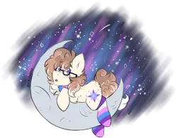 Size: 1795x1407 | Tagged: safe, artist:iroxykun, derpibooru import, oc, oc:cosmic latte, unofficial characters only, earth pony, pony, clothes, cutie mark, glasses, male, moon, scarf, simple background, socks, solo, stars, striped socks, tangible heavenly object, transparent background