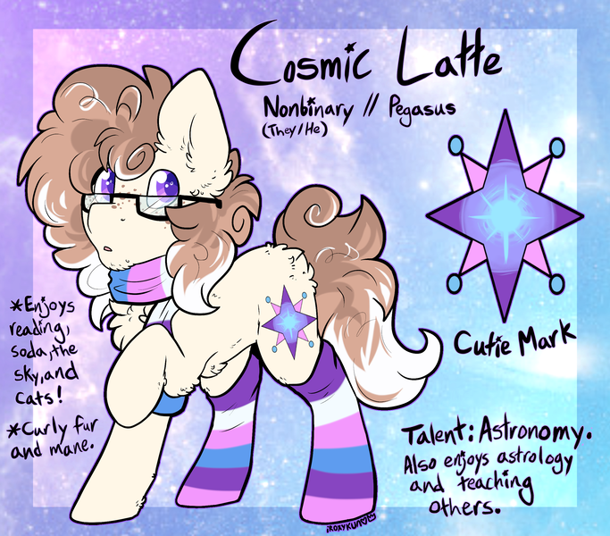 Size: 2467x2167 | Tagged: artist:iroxykun, clothes, cutie mark, derpibooru import, freckles, glasses, oc, oc:cosmic latte, safe, scarf, socks, solo, striped socks, text, unofficial characters only