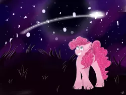 Size: 2048x1536 | Tagged: safe, artist:pinky102368, derpibooru import, pinkie pie, earth pony, pony, grin, night, shooting star, smiling, solo, starry eyes, stars, wingding eyes