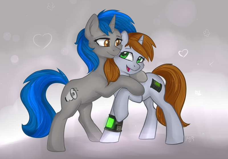 Size: 2077x1450 | Tagged: safe, artist:haruhi-il, derpibooru import, oc, oc:homage, oc:littlepip, unofficial characters only, pony, unicorn, fallout equestria, fanfic, fanfic art, female, heart, hooves, horn, hug, lesbian, mare, oc x oc, open mouth, pipbuck, shipping, smiling