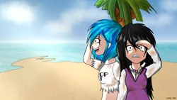 Size: 1600x900 | Tagged: safe, artist:linlaifeng, derpibooru import, octavia melody, vinyl scratch, earth pony, human, pony, unicorn, a tropical octav3, anime, beach, cloud, female, humanized, island, music, ocean, palm tree, song, sun, tree