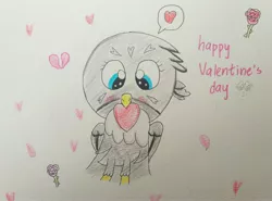 Size: 3990x2954 | Tagged: safe, artist:sumi-mlp25, derpibooru import, gabby, bird, gryphon, blushing, flower, heart, heart background, hearts and hooves day, holiday, looking at you, mouth hold, rose, rose petals, solo, spoken heart, text, traditional art, valentine's day