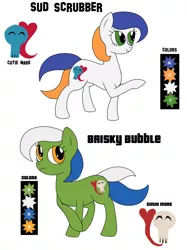Size: 1024x1370 | Tagged: safe, artist:wolftendragon, derpibooru import, oc, oc:brisky bubble, oc:sud scrubber, unofficial characters only, earth pony, food pony, pony, female, mare, reference sheet, tide pods, tide pony