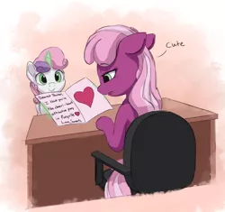 Size: 2250x2113 | Tagged: safe, artist:vanillaghosties, derpibooru import, cheerilee, sweetie belle, earth pony, pony, unicorn, bitch, card, chair, cheerilee is unamused, dead inside, desk, dialogue, female, filly, insult, levitation, magic, mare, open mouth, paper, poor cheerilee, pun, sitting, sweetie fail, teacher and student, telekinesis, unamused, valentine's day card