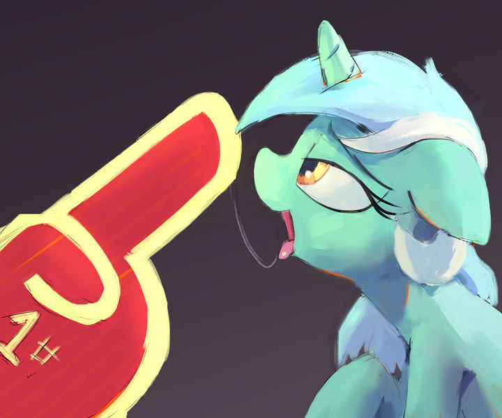 Size: 1200x1000 | Tagged: suggestive, artist:datte-before-dawn, artist:rhorse, deleted from derpibooru, derpibooru import, lyra heartstrings, pony, unicorn, collaboration, dark background, drool, drool string, foam finger, hand, that pony sure does love hands