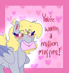 Size: 500x531 | Tagged: safe, artist:cubbybatdoodles, derpibooru import, derpy hooves, ditzy doo, pegasus, pony, blushing, envelope, exclamation point, female, heart, heart background, solo, wings