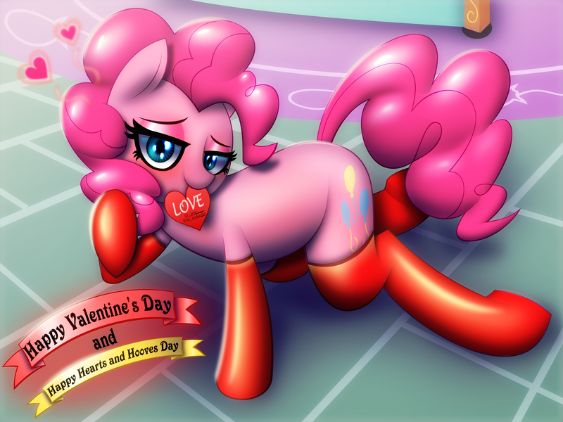 Size: 6000x4500 | Tagged: suggestive, artist:t.f.a.n.c.s., derpibooru import, pinkie pie, pony, absurd resolution, bedroom eyes, clothes, female, hearts and hooves day, holiday, looking at you, mare, mouth hold, socks, solo, solo female, sultry pose, thigh highs, valentine's day