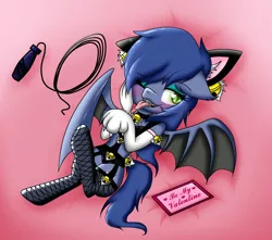 Size: 1700x1500 | Tagged: suggestive, artist:purpleloverpony, derpibooru import, oc, oc:nighty, unofficial characters only, bat pony, animal costume, bat pony oc, bdsm, bell, cat bell, cat costume, clothes, collar, costume, evening gloves, fishnets, garters, gloves, holiday, lingerie, long gloves, paw gloves, solo, tongue out, valentine's day, whip