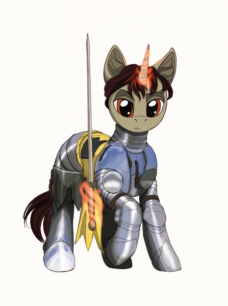 Size: 1414x1896 | Tagged: safe, artist:lunebat, derpibooru import, oc, oc:blas ruis, pony, unicorn, armor, colt, magic, male, simple background, solo, sword, telekinesis, weapon, white background