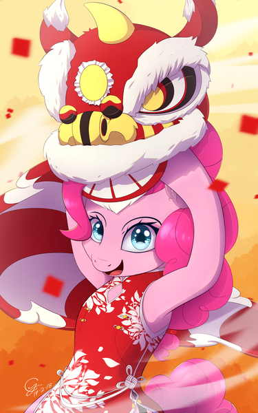 Size: 1200x1920 | Tagged: safe, artist:laptop-pone, derpibooru import, pinkie pie, earth pony, pony, armpits, cheongsam, chinese new year, clothes, cute, diapinkes, female, lion dance, looking at you, mare, smiling, solo
