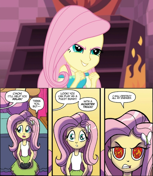 Size: 1786x2048 | Tagged: safe, derpibooru import, idw, screencap, fluttershy, a fine line, equestria girls, equestria girls series, spoiler:comic, spoiler:comicholiday2014, angry, beware the quiet ones, comparison, continuity, crossing the memes, cute, destroy all enemies, evil grin, eye, eyes, fire, flame eyes, fluttershy's revenge, gamershy, grin, headcanon in the description, meme, pure unfiltered evil, shyabetes, smiling, this will end in tears, video game, wingding eyes