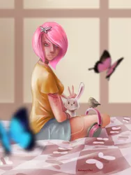 Size: 1500x2000 | Tagged: angel bunny, artist:batonya12561, bed, bird, butterfly, derpibooru import, fluttershy, headphones, human, humanized, pink hair, rabbit, safe, solo