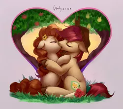 Size: 1910x1700 | Tagged: safe, artist:luciferamon, derpibooru import, bright mac, pear butter, earth pony, pony, apple tree, blushing, brightbutter, couple, eyes closed, feels, female, floppy ears, flower, holiday, intertwined trees, kissing, male, mare, pear tree, rose, shipping, stallion, straight, tree, valentine's day