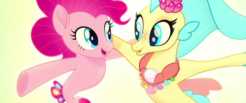 Size: 1920x804 | Tagged: safe, derpibooru import, screencap, pinkie pie, princess skystar, pony, seapony (g4), my little pony: the movie, duo, happy, jewelry, necklace, one small thing, pearl, seaponified, seapony pinkie pie, seaquestria, seashell, seashell necklace, smiling, species swap