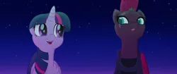 Size: 1920x804 | Tagged: safe, derpibooru import, screencap, tempest shadow, twilight sparkle, twilight sparkle (alicorn), alicorn, pony, unicorn, my little pony: the movie, armor, broken horn, duo, eye scar, happy, looking at each other, rainbow (song), scar, smiling, when she smiles