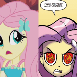 Size: 720x720 | Tagged: safe, derpibooru import, idw, screencap, fluttershy, a fine line, equestria girls, equestria girls series, spoiler:comic, spoiler:comicholiday2014, angry, animated, beware the quiet ones, comparison, continuity, crossing the memes, cute, destroy all enemies, evil grin, eye, eyes, fire, flame eyes, fluttershy's revenge, grin, headcanon in the description, meme, pure unfiltered evil, shyabetes, smiling, this will end in tears, video game, wingding eyes
