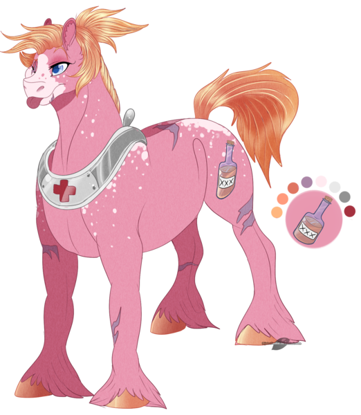 Size: 1475x1694 | Tagged: safe, artist:bijutsuyoukai, derpibooru import, oc, unofficial characters only, earth pony, pony, female, mare, offspring, parent:big macintosh, parent:nurse redheart, parents:nursemac, reference sheet, scar, simple background, solo, tongue out, transparent background, unshorn fetlocks