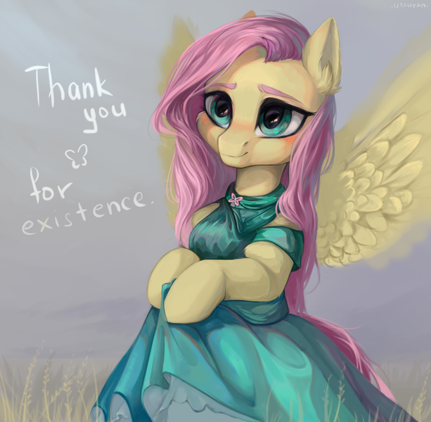 Size: 3252x3184 | Tagged: safe, artist:utauyan, derpibooru import, fluttershy, pegasus, pony, beautiful, bipedal, clothes, cute, dress, female, mare, positive message, positive ponies, shyabetes, solo