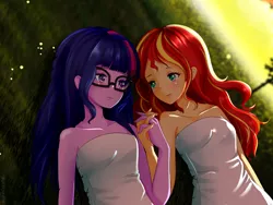Size: 1200x900 | Tagged: safe, artist:electricshine, derpibooru import, sci-twi, sunset shimmer, twilight sparkle, equestria girls, clothes, cute, dress, female, glasses, grass, holding hands, lesbian, looking at each other, lying down, scitwishimmer, shipping, smiling, sunsetsparkle, towel