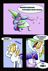 Size: 2198x3230 | Tagged: safe, artist:mustachedbain, derpibooru import, rarity, twilight sparkle, pony, unicorn, angry, comic, dialogue, female, grin, mare, meme, skidaddle skidoodle, smiling, unamused