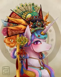 Size: 1500x1913 | Tagged: safe, artist:buryooooo, derpibooru import, princess celestia, alicorn, bird, peacock, pony, alternate hairstyle, chinese new year, chinese text, clothes, eyeshadow, female, jewelry, looking at you, makeup, mare, smiling, solo