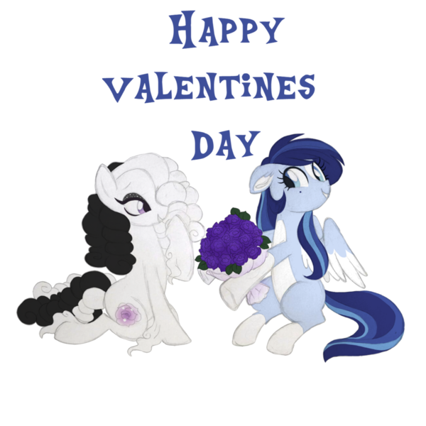 Size: 1024x1024 | Tagged: safe, artist:azure-art-wave, derpibooru import, oc, oc:azure, oc:rose, unofficial characters only, pegasus, pony, bouquet, female, flower, hair over one eye, holiday, lesbian, mare, oc x oc, shipping, simple background, smiling, transparent background, valentine's day