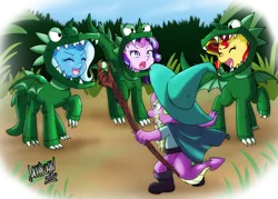 Size: 1024x735 | Tagged: safe, artist:danmakuman, derpibooru import, spike, starlight glimmer, sunset shimmer, trixie, dinosaur, dragon, pony, unicorn, velociraptor, boots, cape, clothes, cosplay, costume, cute, danmakuman is trying to murder us, diatrixes, dragon costume, garbuncle, glimmerbetes, hat, jurassic world, lord of the rings, magical trio, owen grady, prattkeeping, shimmerbetes, shoes, staff, weapons-grade cute, wizard, wizard hat, you shall not pass