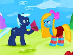 Size: 1233x920 | Tagged: safe, artist:lukington17, derpibooru import, oc, oc:cuteamena, oc:electric blue, pegasus, pony, 1000 hours in ms paint, bedroom eyes, bow, chocolate, clothes, couple, cutie mark, electricute, female, flower, food, grass, heart, holiday, kitchen eyes, licking, licking lips, male, oc x oc, rose, shipping, skirt, socks, striped socks, tongue out, valentine's day