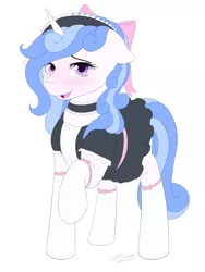 Size: 1024x1365 | Tagged: safe, artist:novaintellus, derpibooru import, oc, oc:melodia, unofficial characters only, pony, unicorn, blushing, clothes, cute, female, floppy ears, looking at you, maid, mare, ocbetes, raised hoof, simple background, smiling, socks, solo, stockings, thigh highs