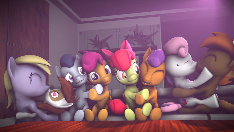 Size: 3840x2160 | Tagged: safe, alternate version, artist:viranimation, derpibooru import, apple bloom, button mash, dinky hooves, pipsqueak, rumble, scootaloo, sweetie belle, tender taps, 3d, dinkysqueak, female, heart eyes, hearts and hooves day, male, rumbloo, shipping, source filmmaker, straight, sweetiemash, tenderbloom, wingding eyes