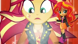 Size: 1967x1106 | Tagged: safe, derpibooru import, screencap, sunset shimmer, equestria girls, equestria girls series, forgotten friendship, alternative cutie mark placement, boot, clothes, comparison, cute, doll, equestria girls minis, facial cutie mark, female, geode of empathy, jacket, leather jacket, ponied up, shimmerbetes, skirt, toy