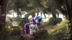 Size: 4000x2250 | Tagged: safe, artist:blackligerth, derpibooru import, rarity, pony, unicorn, female, forest, glowing horn, mare, raised hoof, smiling, solo, sunlight, tree, water