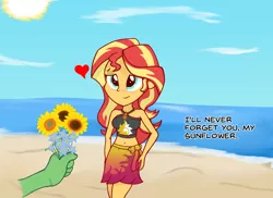 Size: 1650x1203 | Tagged: safe, artist:zharkaer, derpibooru import, sunset shimmer, oc, oc:anon, human, equestria girls, equestria girls series, forgotten friendship, beach, belly button, blushing, bouquet, clothes, cute, dialogue, disembodied hand, female, floating heart, flower, forget-me-not, geode of empathy, hand, hand on hip, heart, holiday, lidded eyes, magical geodes, male, midriff, offscreen character, pov, sarong, shimmerbetes, sunflower, swimsuit, valentine's day