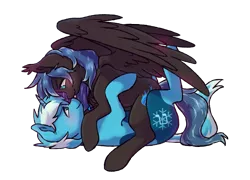 Size: 1400x1010 | Tagged: safe, artist:raponee, derpibooru import, oc, oc:midnight light, oc:snow sailor, pegasus, pony, unicorn, blushing, boop, cuddling, cute, ear fluff, female, jewelry, male, mare, mlem, noseboop, oc x oc, pendant, shipping, silly, simple background, smiling, snolight, spread wings, stallion, straight, tongue out, transparent background, wings