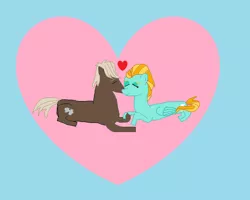 Size: 1024x821 | Tagged: artist:jwwprod, derpibooru import, dumbbell, eyes closed, female, happy, heart, hearts and hooves day, holding hooves, holiday, kissing, lightningbell, lightning dust, lying down, male, safe, shipping, straight, valentine's day