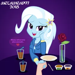 Size: 3997x3997 | Tagged: safe, artist:metalhead97, derpibooru import, trixie, equestria girls, beautiful, crackers, cute, diatrixes, dinner, dinner table, flower, food, heart, holding hands, holiday, jelly, juice, knife, looking at you, musician, orange juice, peanut butter, romance, romantic, rose, self insert, snacks, talking to viewer, this will end well, valentine's day, waifu