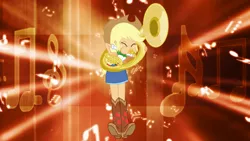 Size: 852x480 | Tagged: safe, artist:discorded-joker, artist:haleyc4629, derpibooru import, applejack, equestria girls, rainbow rocks, background used, eyes closed, female, musical instrument, powerful, solo, sousaphone, tuba, tubajack