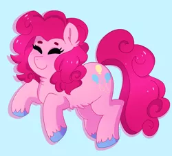 Size: 2604x2351 | Tagged: safe, artist:emera33, derpibooru import, pinkie pie, earth pony, pony, belly fluff, blue background, chest fluff, colored hooves, cute, diapinkes, ear fluff, eyes closed, female, fluffy, happy, mare, simple background, smiling, solo, unshorn fetlocks