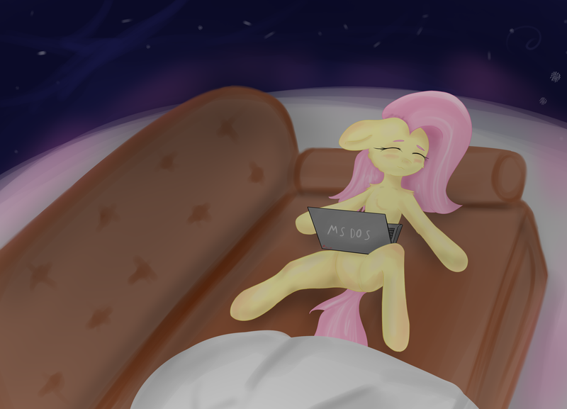 Size: 3480x2508 | Tagged: artist:generallegion, computer, couch, derpibooru import, fluttershy, laptop computer, safe, solo, space