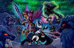 Size: 1554x1000 | Tagged: safe, artist:harwick, derpibooru import, princess cadance, princess flurry heart, shining armor, alicorn, pony, unicorn, yeti, aurora borealis, baby, baby pony, badass, family, female, fight, flying, glowing horn, hammer, magic, male, mare, monster, rearing, shiningcadance, spear, stallion, sword, telekinesis, war hammer, weapon