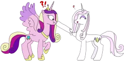 Size: 2801x1416 | Tagged: safe, artist:supahdonarudo, derpibooru import, fleur-de-lis, princess cadance, alicorn, pony, unicorn, background pony, boop, exclamation point, female, heart, interrobang, mare, question mark, simple background, surprised, transparent background