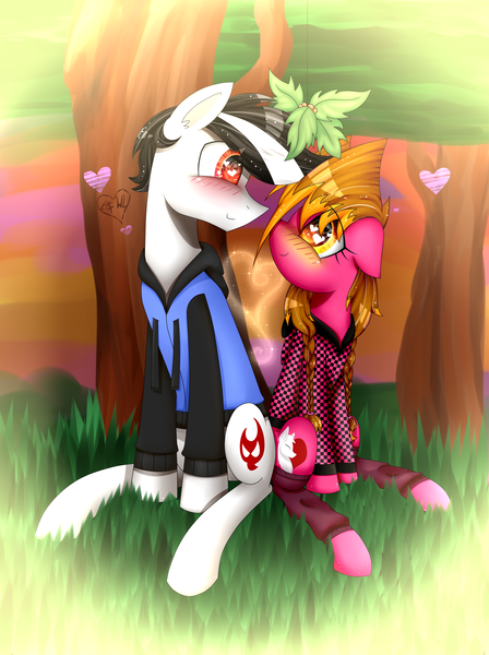 Size: 2032x2719 | Tagged: safe, artist:lixthefork, derpibooru import, oc, oc:lix, oc:white lie, unofficial characters only, blushing, female, heart, heart eyes, lixlie, male, sitting, straight, tree, wingding eyes