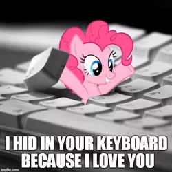 Size: 500x500 | Tagged: safe, derpibooru import, pinkie pie, pony, arms in the air, bronybait, cute, female, i hid in your keyboard, image macro, irl, keyboard, looking up, meme, open mouth, photo, pinkie being pinkie, ponies in real life, smiling, solo