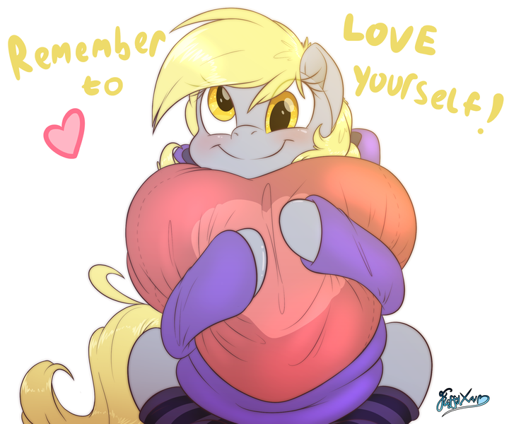 Size: 2400x2000 | Tagged: artist:fluffyxai, blushing, clothes, cute, daaaaaaaaaaaw, derpabetes, derpibooru import, derpy hooves, heart, hearts and hooves day, hoodie, hug, pillow, safe, simple background, smiling, socks, solo, striped socks, text, white background