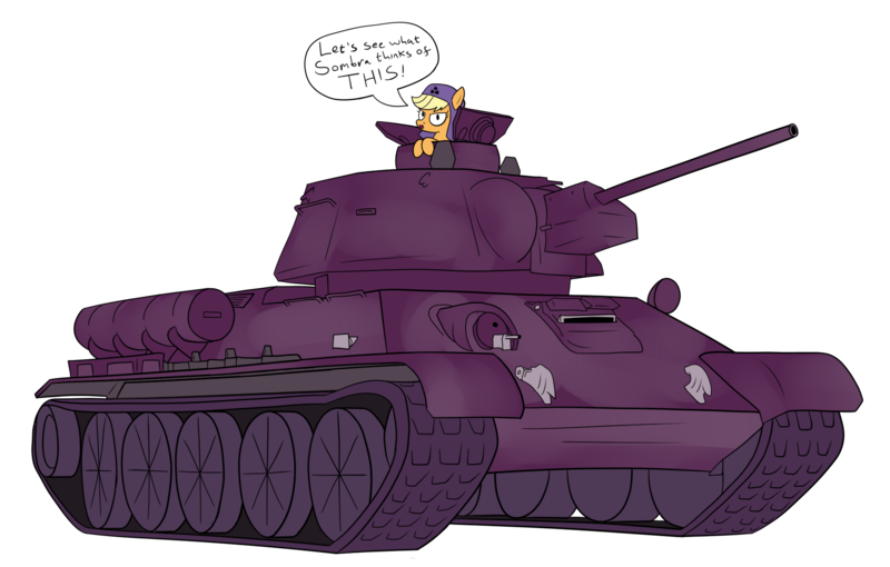 Size: 1810x1153 | Tagged: alternate timeline, applejack, artist:moonatik, camouflage, crystal war timeline, derpibooru import, dialogue, hat, looking at you, safe, simple background, solo, speech bubble, t-34, tank (vehicle), transparent background