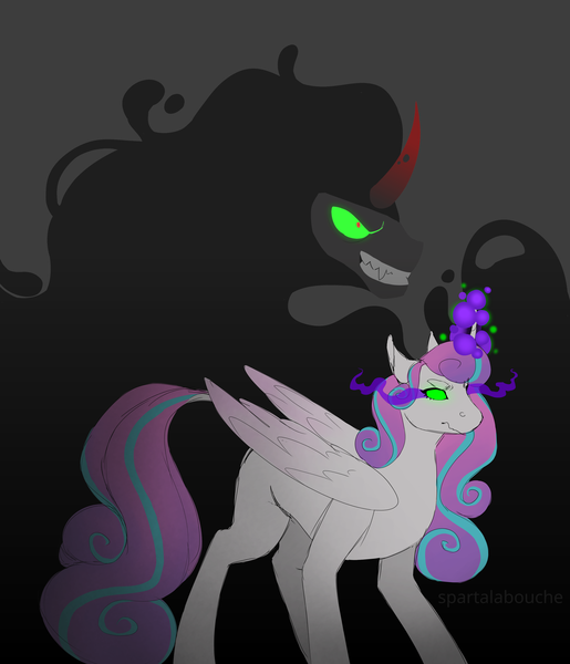 Size: 3006x3500 | Tagged: safe, artist:spartalabouche, derpibooru import, king sombra, princess flurry heart, alicorn, pony, umbrum, unicorn, blank flank, dark magic, duo, evil flurry heart, female, glowing eyes, grin, horn, magic, male, possessed, smiling, sombra eyes, wings