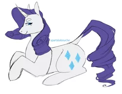 Size: 500x386 | Tagged: safe, artist:spartalabouche, derpibooru import, rarity, pony, unicorn, beanbrows, cutie mark, dock, eyebrows, female, horn, looking at you, lying, simple background, smiling, solo, white background