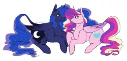 Size: 1280x615 | Tagged: safe, artist:spartalabouche, derpibooru import, princess cadance, princess luna, alicorn, pony, beanbrows, cutie mark, eyebrows, female, horn, infidelity, leonine tail, lesbian, looking at each other, lundance, mare, shipping, simple background, smiling, white background, wings
