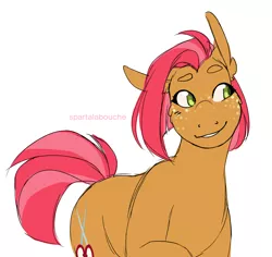 Size: 1522x1434 | Tagged: safe, artist:spartalabouche, derpibooru import, babs seed, earth pony, pony, beanbrows, cutie mark, eyebrows, female, freckles, raised leg, sideways glance, simple background, smiling, solo, white background